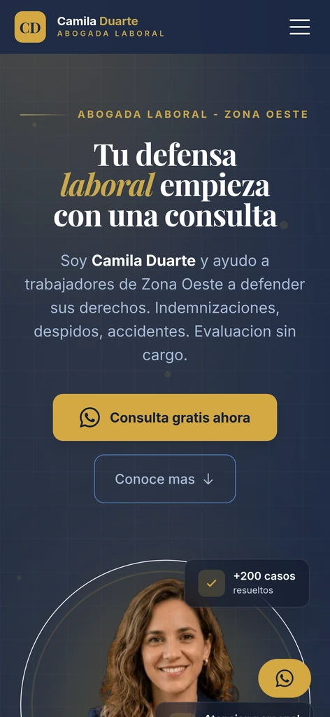 Demo: versión mobile del sitio web de abogada laboral en Zona Oeste